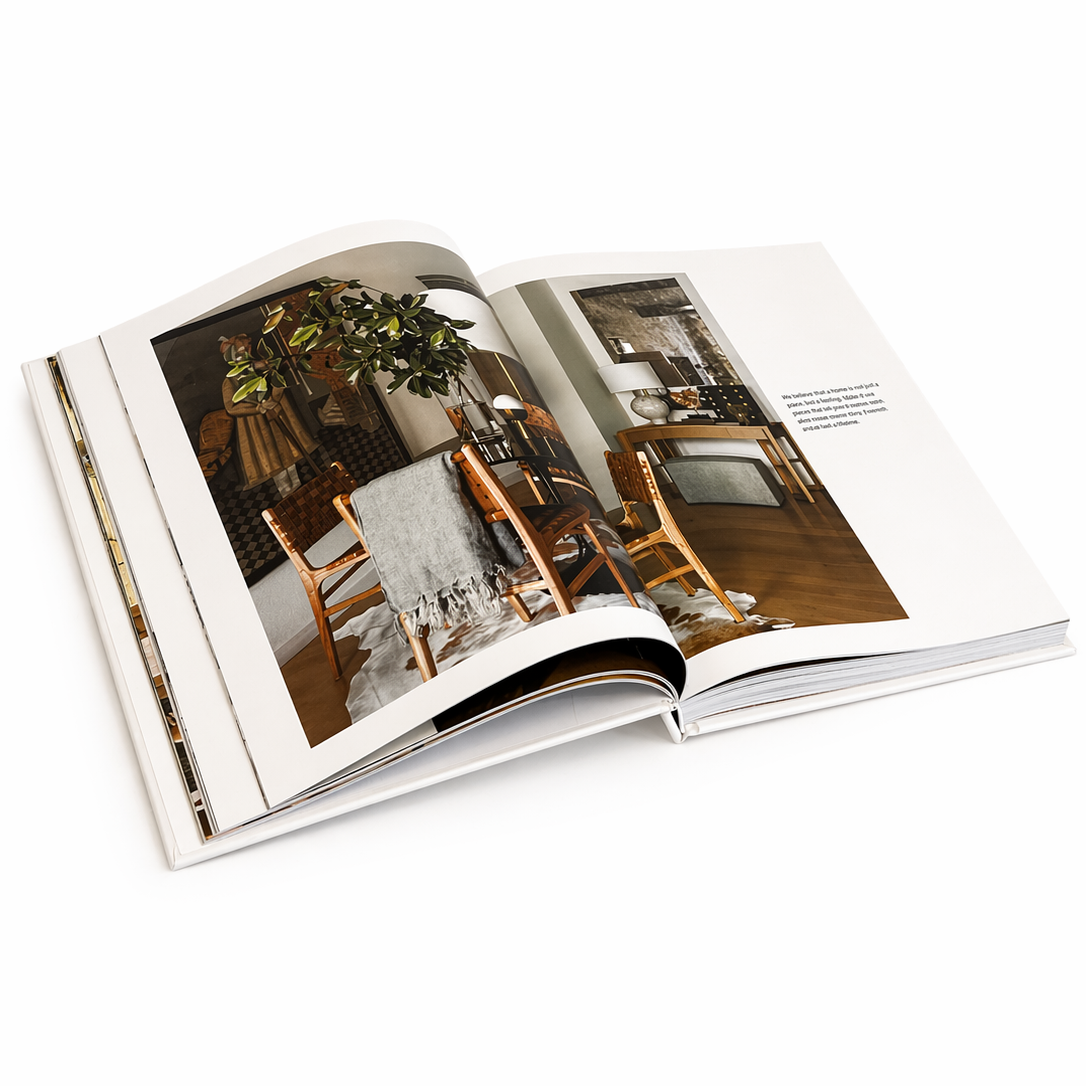 Open book showing interior design images of a room with furniture and decor.