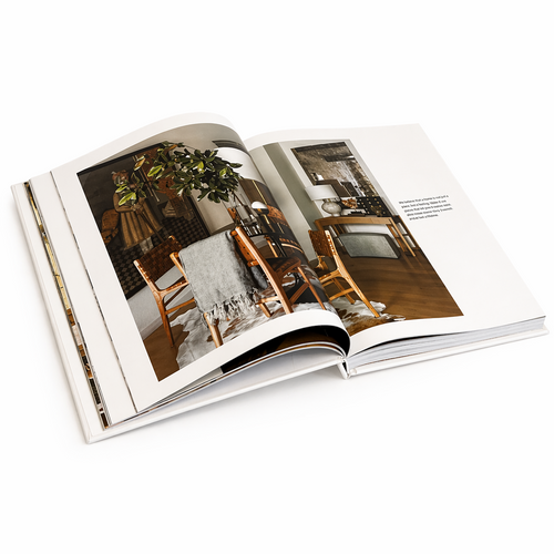 Open book showing interior design images of a room with furniture and decor.