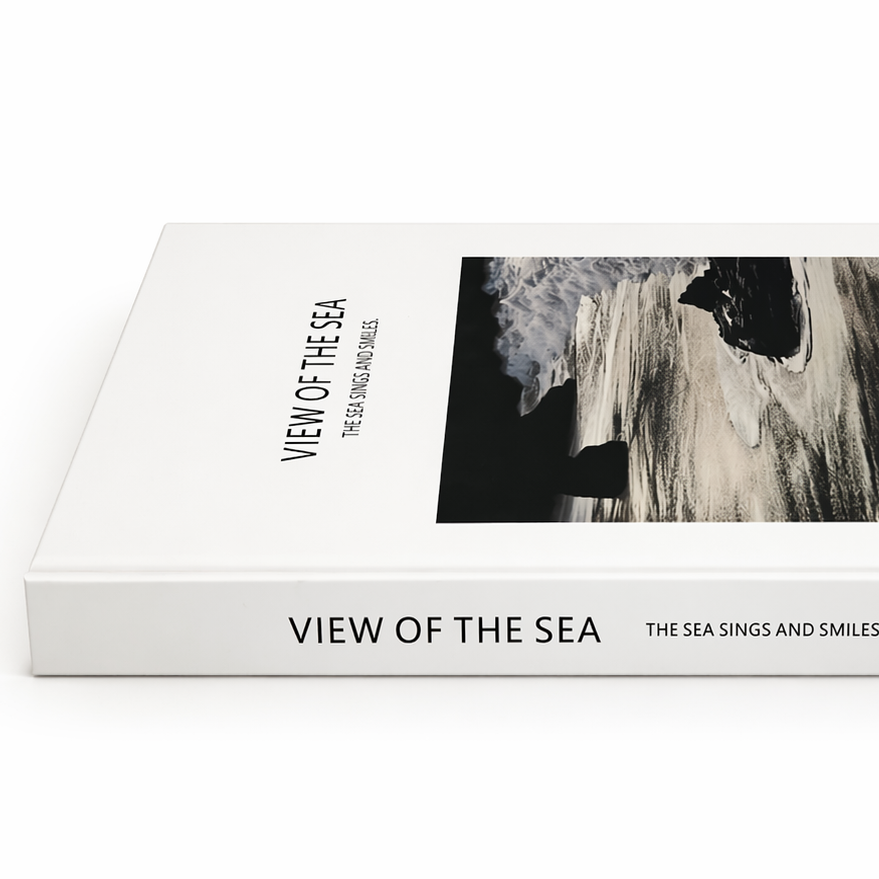 Book titled 'View of the Sea' with a cover featuring a black and white image of a person in water.